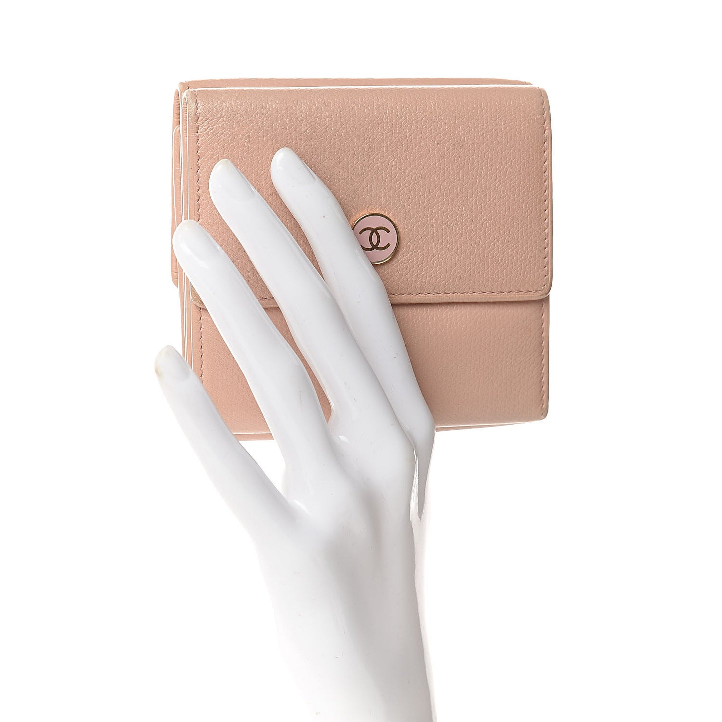 Grained Calfskin CC Button Compact Wallet Pink