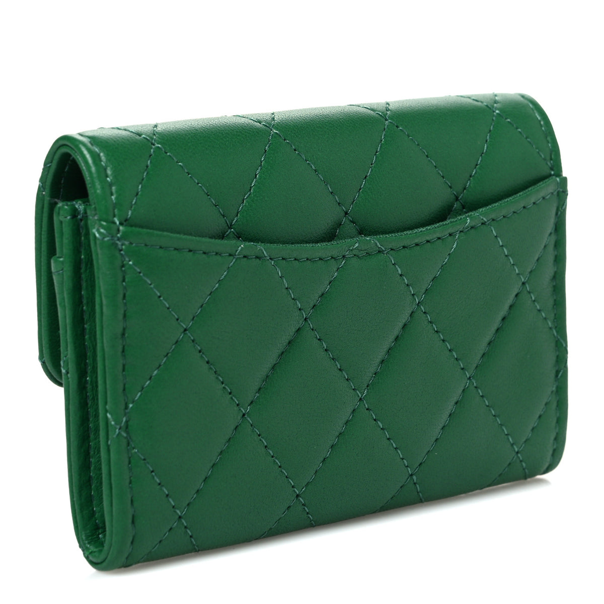 Lambskin Quilted Flap Card Holder Wallet Green