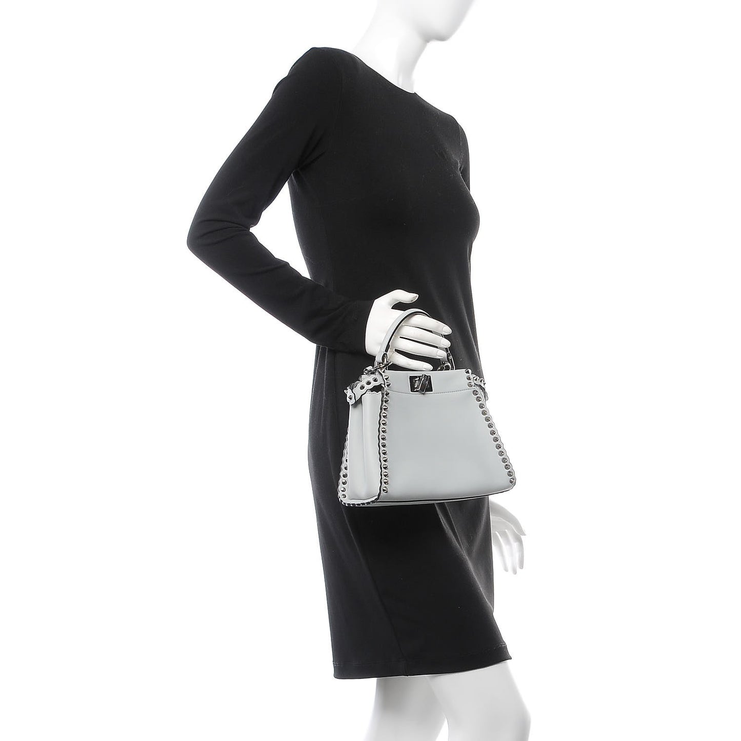 Vitello Seta Shiny Nappa Scalloped Studded Mini Peekaboo Iconic Satchel Grigio Perla
