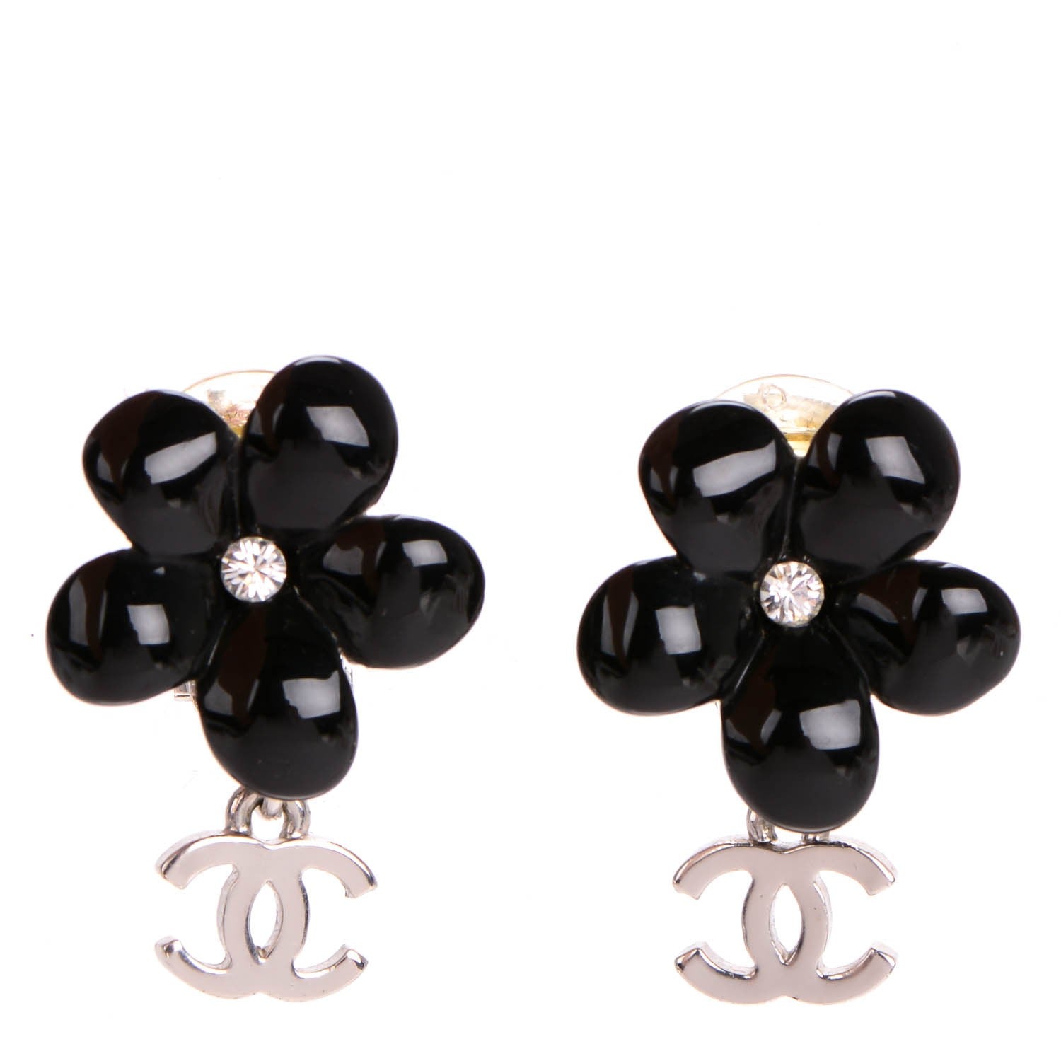 Chanel Enamel Crystal CC Camellia Drop Clip On Earrings Black 1 of 4