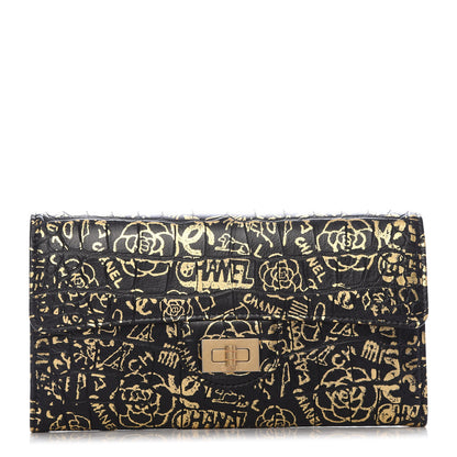 Chanel Calfskin Crocodile Embossed Graffiti 2.55 Cocodile Reissue Long Flap Black Gold 1 of 10