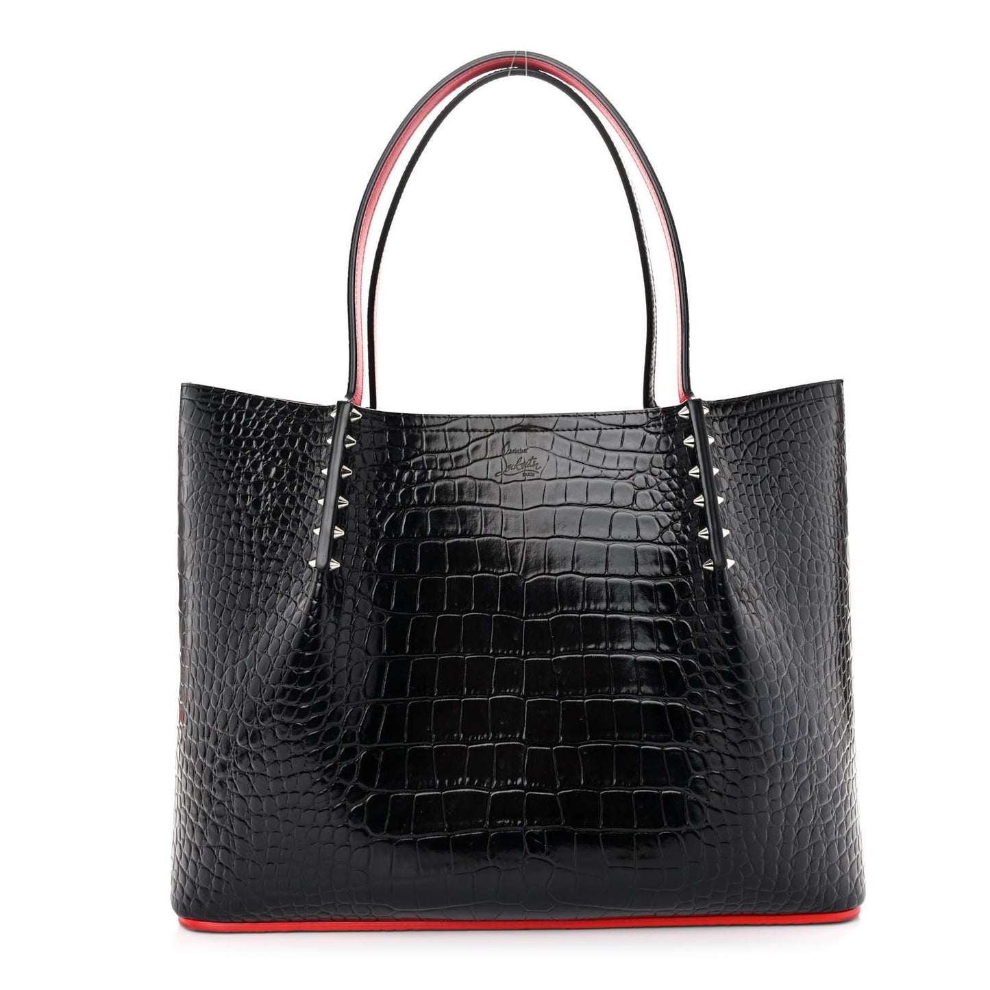 Crocodile Embossed Calfskin Spiked Small Cabarock Shopper Tote Black
