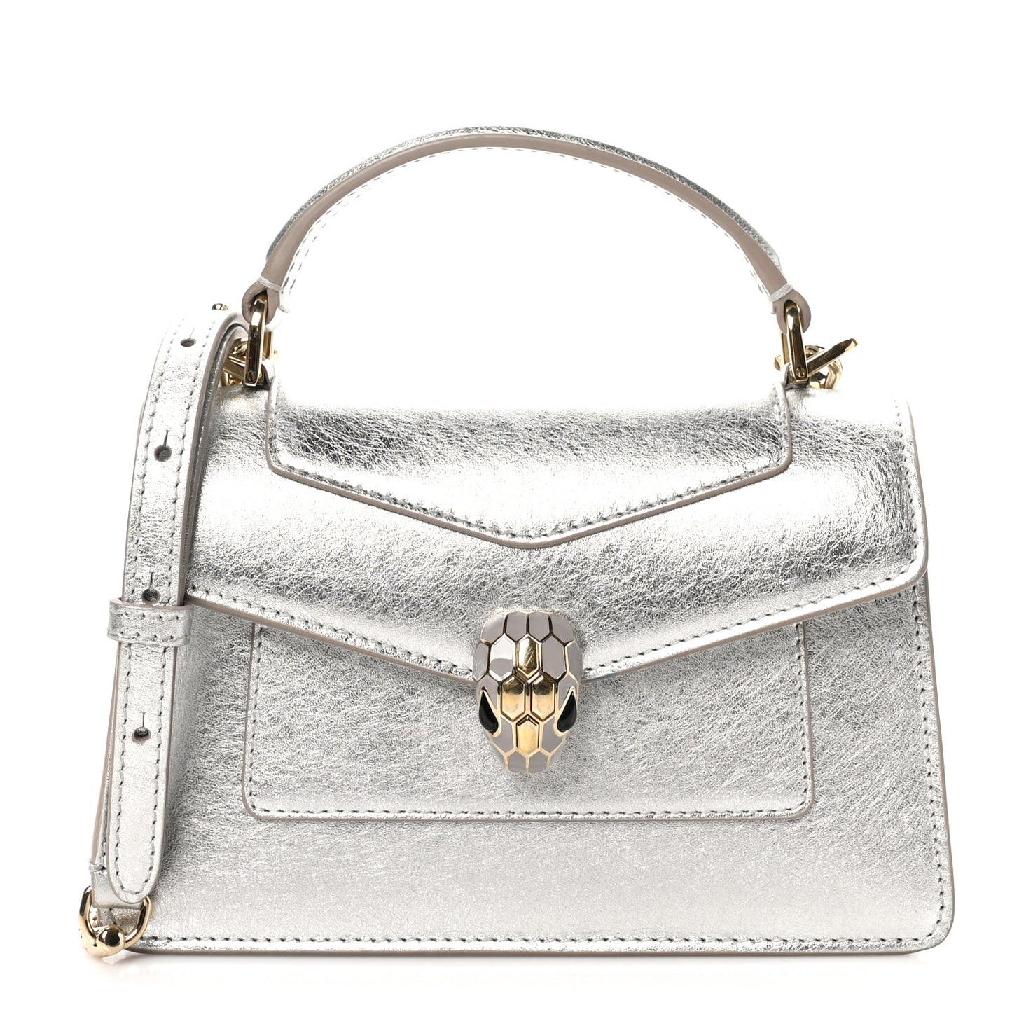 Metallic Calfskin Mini Serpenti Forever Top Handle Silver