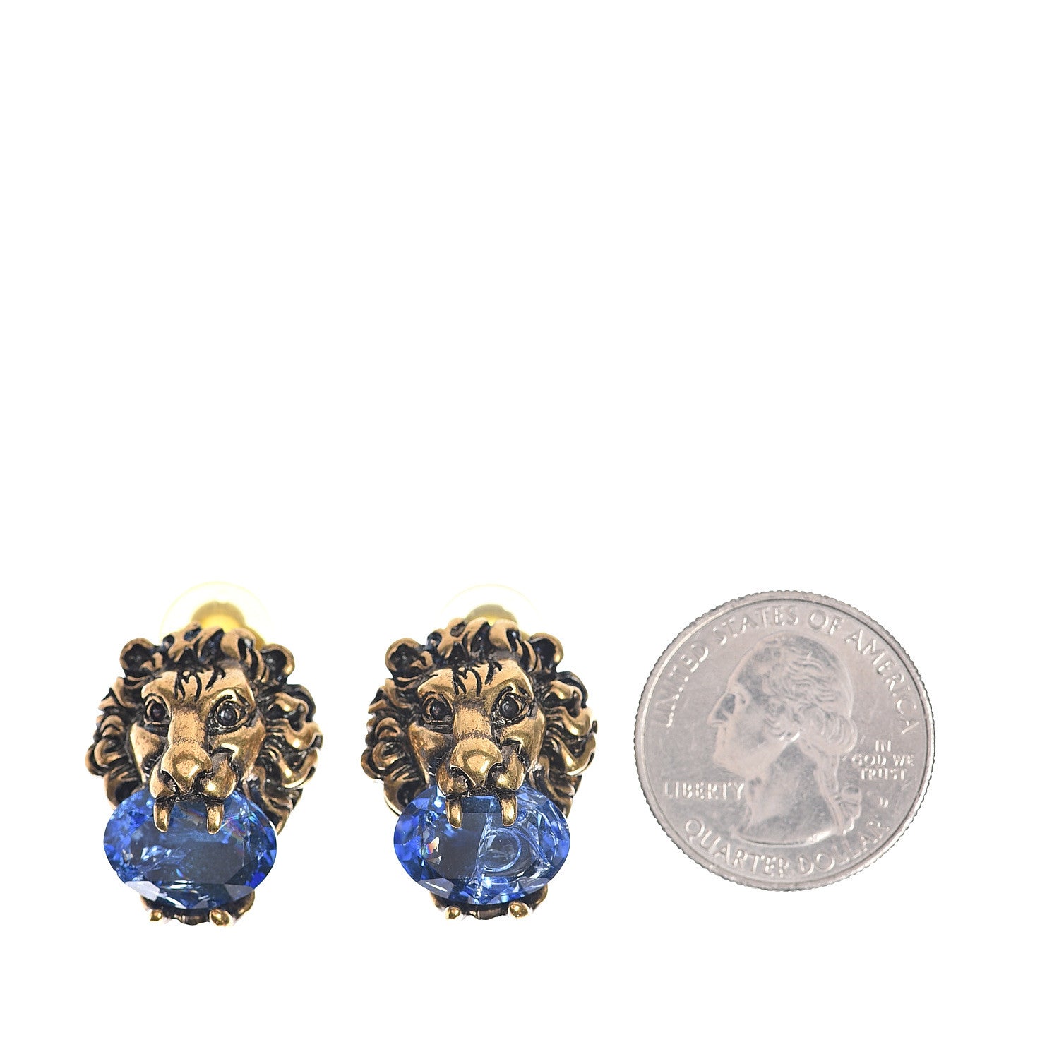 Gucci Metal Crystal Lion Clip On Earrings Aged Gold Blue 2 of 5