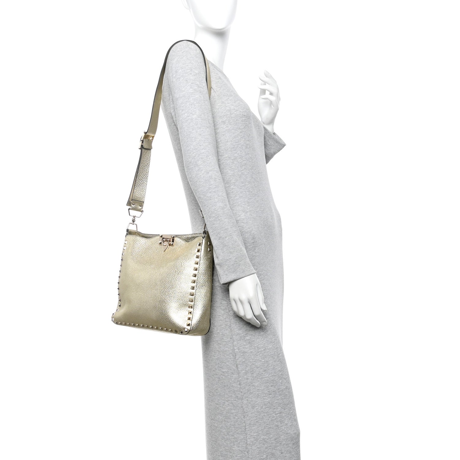 Valentino Garavani Metallic Pebbled Calfskin Small Rockstud Flip-Lock Messenger Bag Platino 2 of 9
