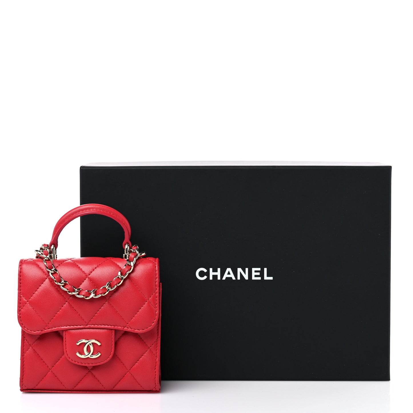 Lambskin Quilted Top Handle Flap Clutch With Chain Red