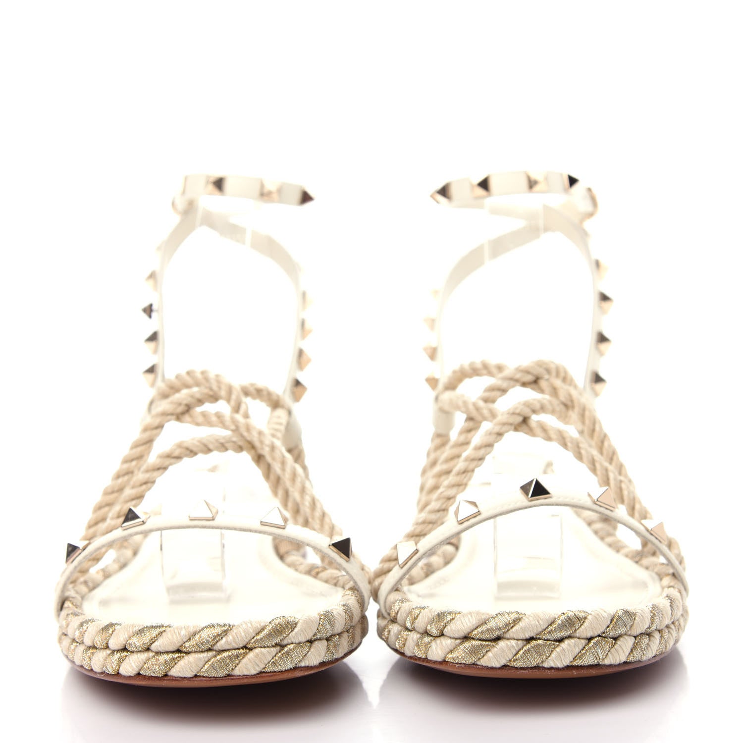Valentino Garavani Calfskin Rockstud Torchon Rope Espadrille Flat Sandals 39 Light Ivory 2 of 9