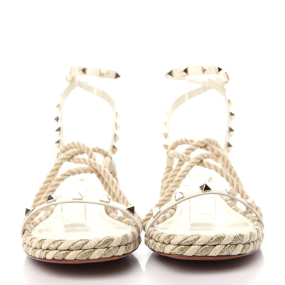 Valentino Garavani Calfskin Rockstud Torchon Rope Espadrille Flat Sandals 39 Light Ivory 2 of 9