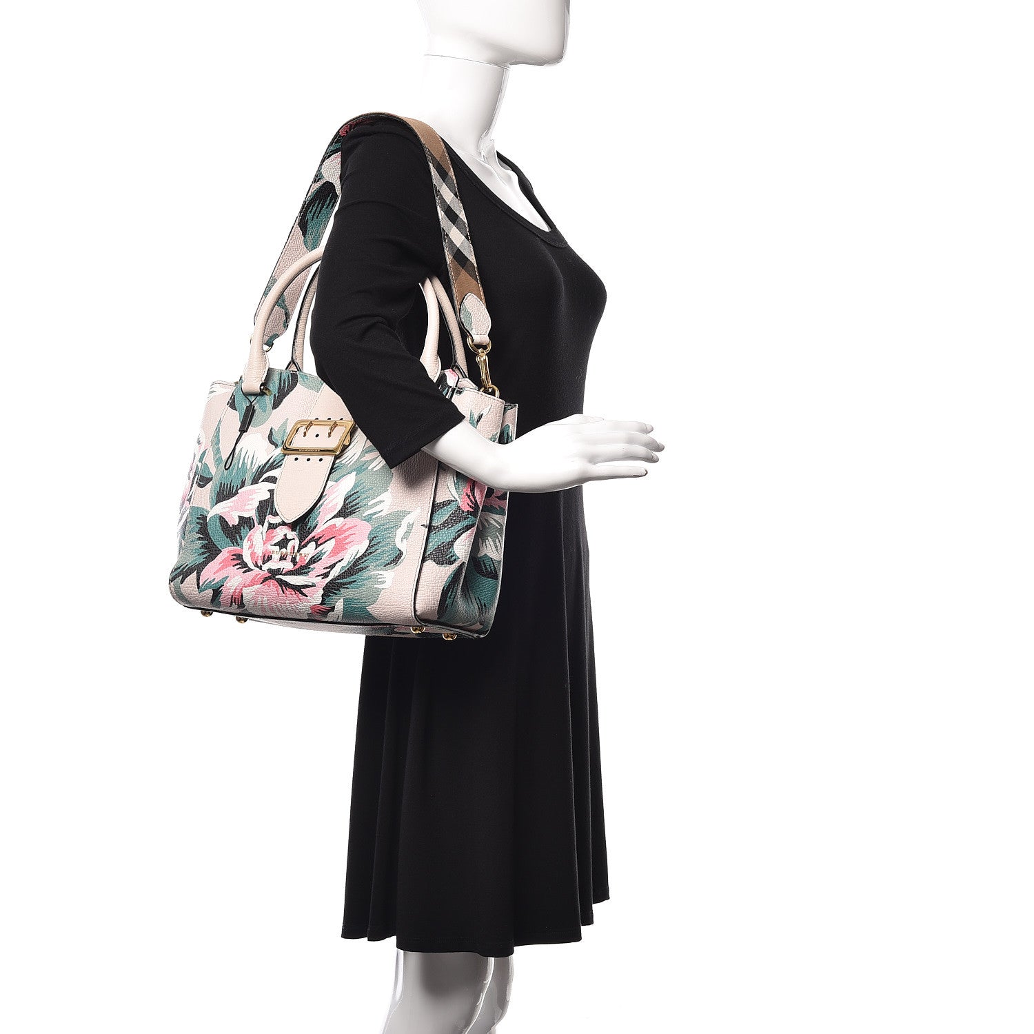 Burberry Soft Grain Calfskin Floral Print Medium Buckle Tote Natural Emerald Green 2 of 11