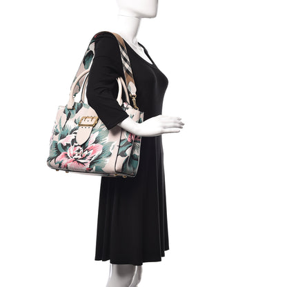 Burberry Soft Grain Calfskin Floral Print Medium Buckle Tote Natural Emerald Green 2 of 11
