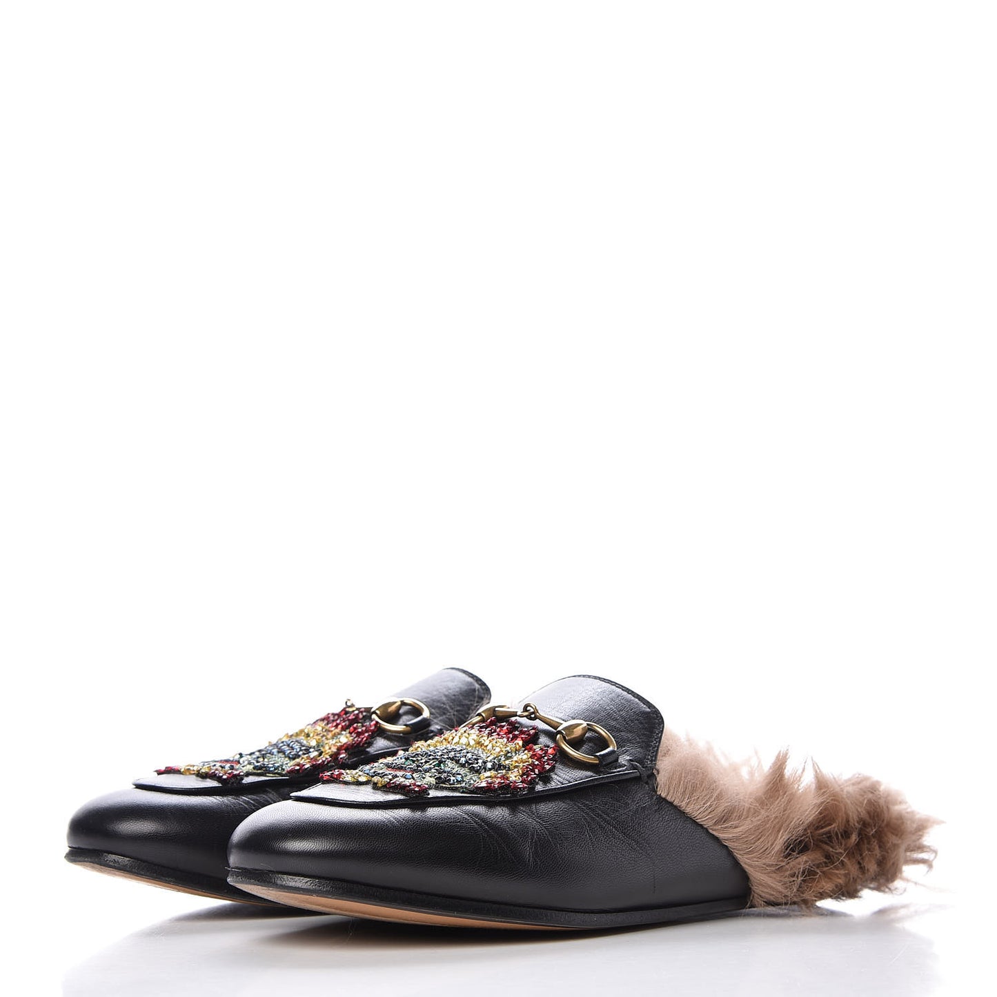 Malaga Kid Fur Crystal Dragon Embroidered Womens Princetown Slippers 35 Black