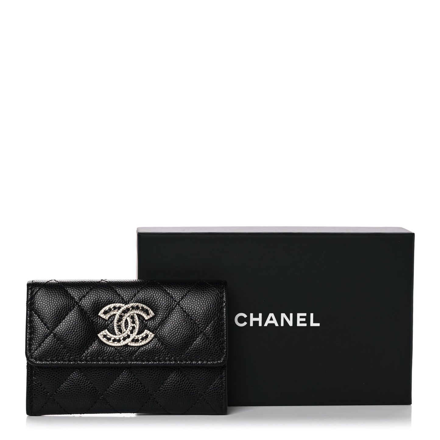 Caviar Quilted Crystal CC Flap Card Holder Black
