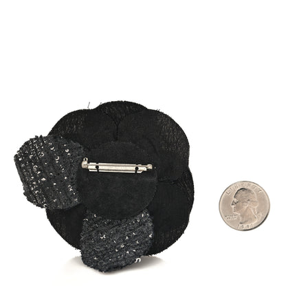 Chanel Tweed Fabric Camellia Pin Brooch Black 2 of 3