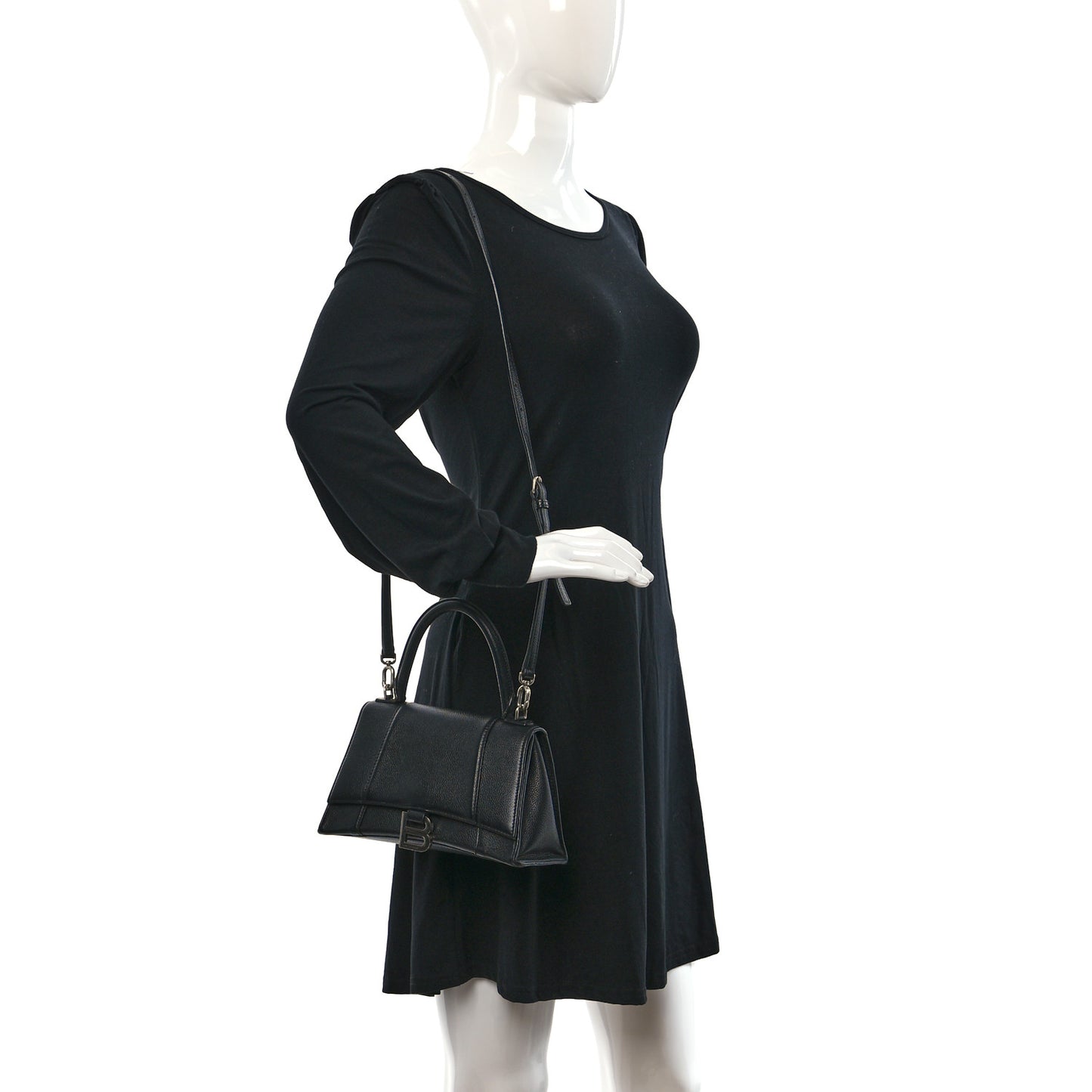 Grained Calfskin Small Hourglass Top Handle Bag Black