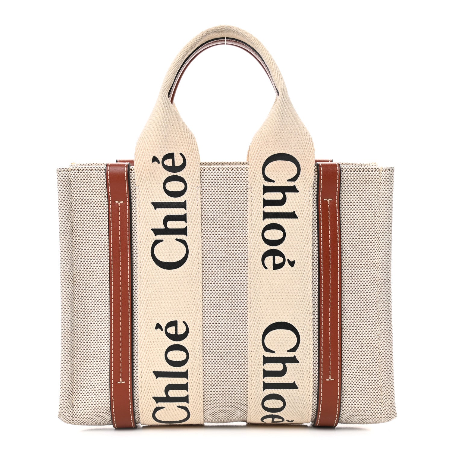 Chloe Cotton Calfskin Small Woody Ribbon Tote White Brown 1 of 9