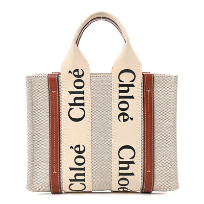 Chloe Cotton Calfskin Small Woody Ribbon Tote White Brown 1 of 9
