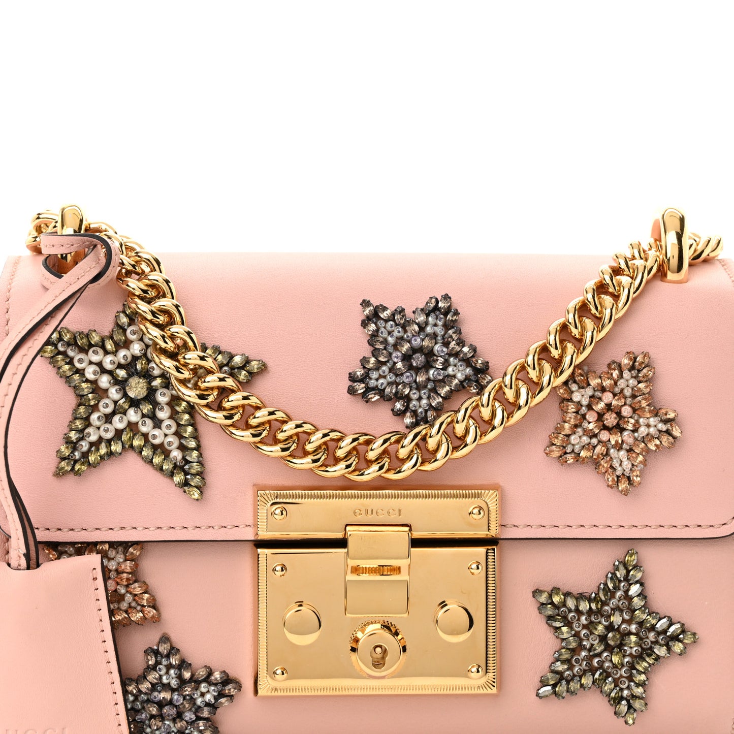 Calfskin Crystal Star Embroidered Small Padlock Shoulder Bag Perfect Pink Multicolor
