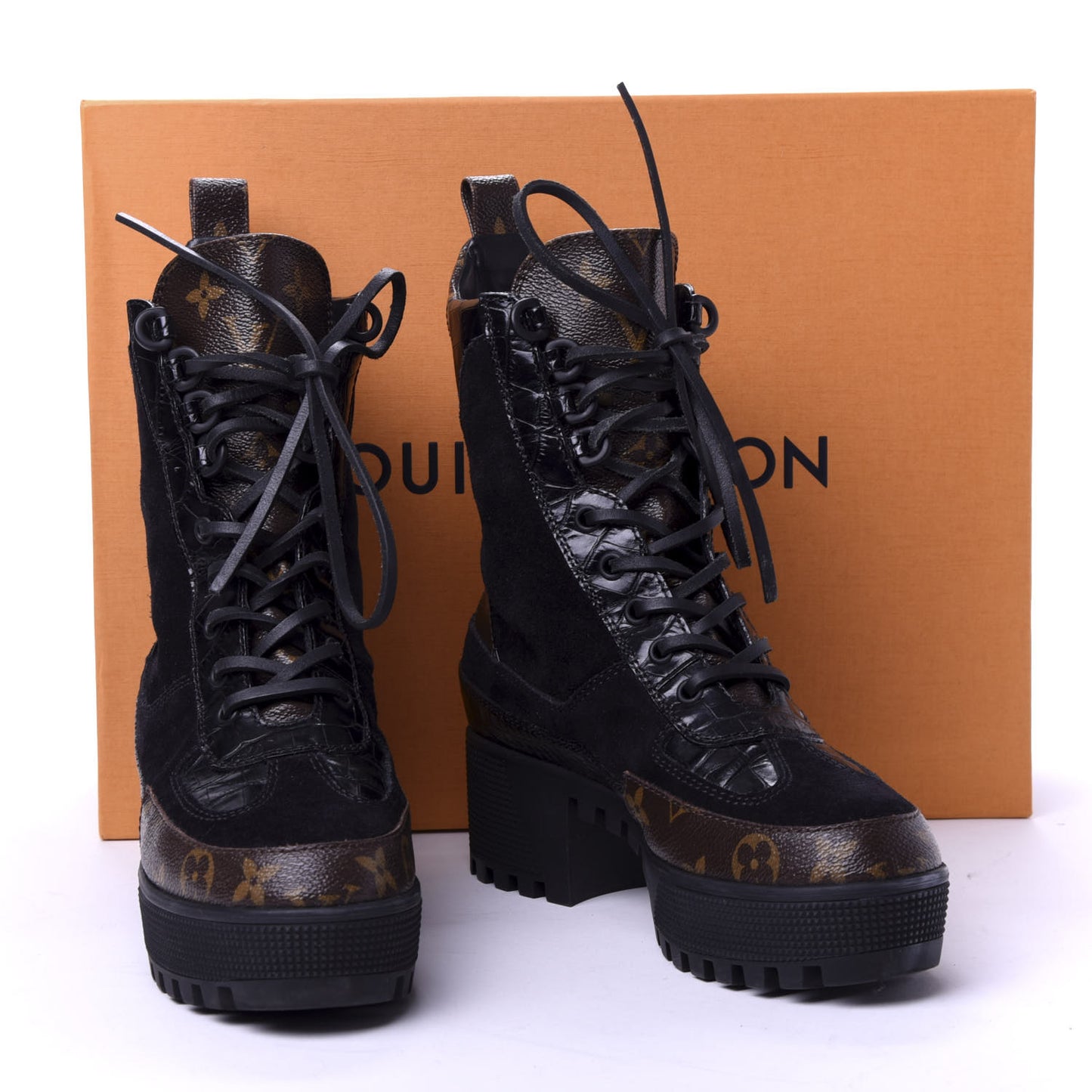 Suede Calfskin Monogram Laureate Platform Desert Boots 37 Black