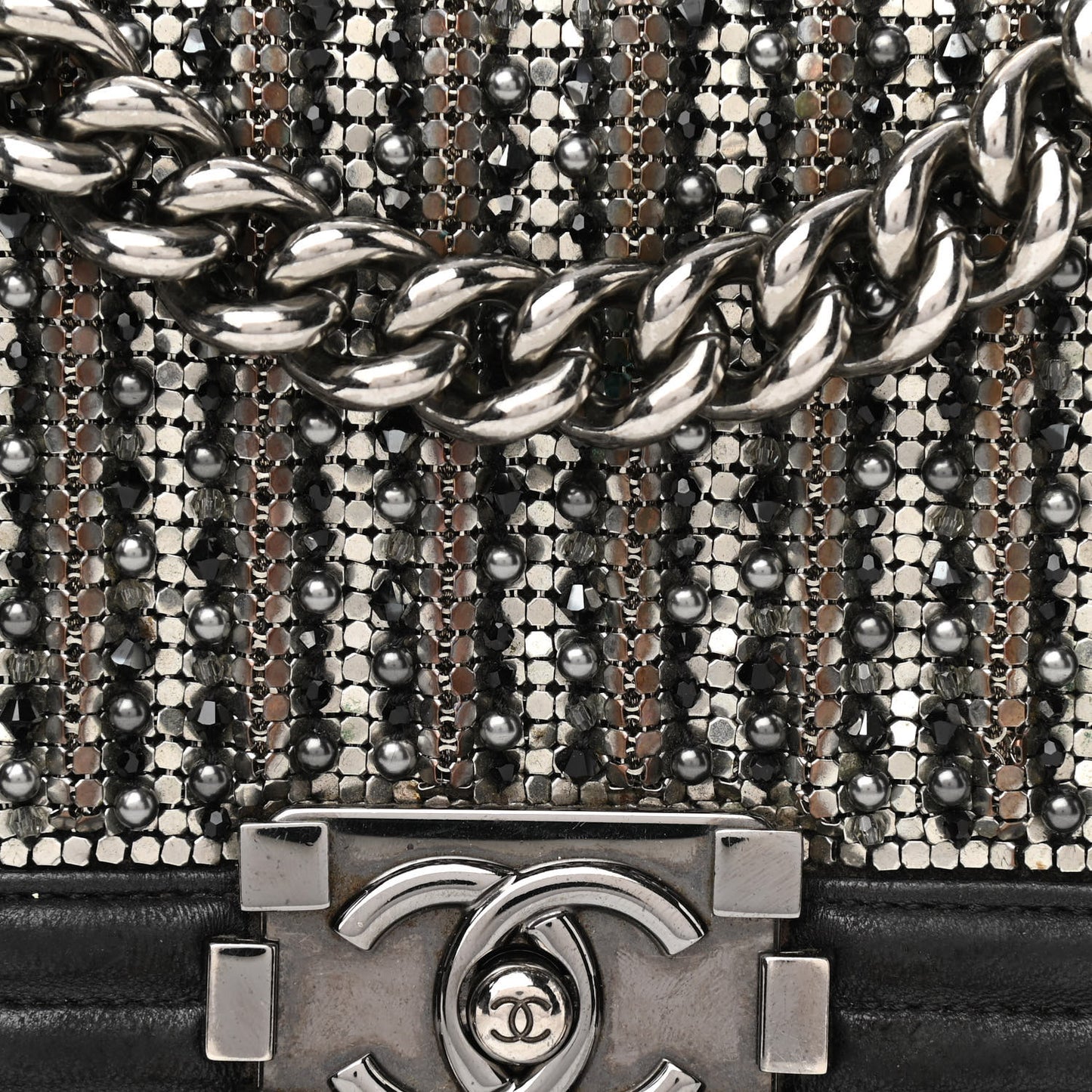 Lambskin Glass Pearl Embroidered Small Boy Flap Black