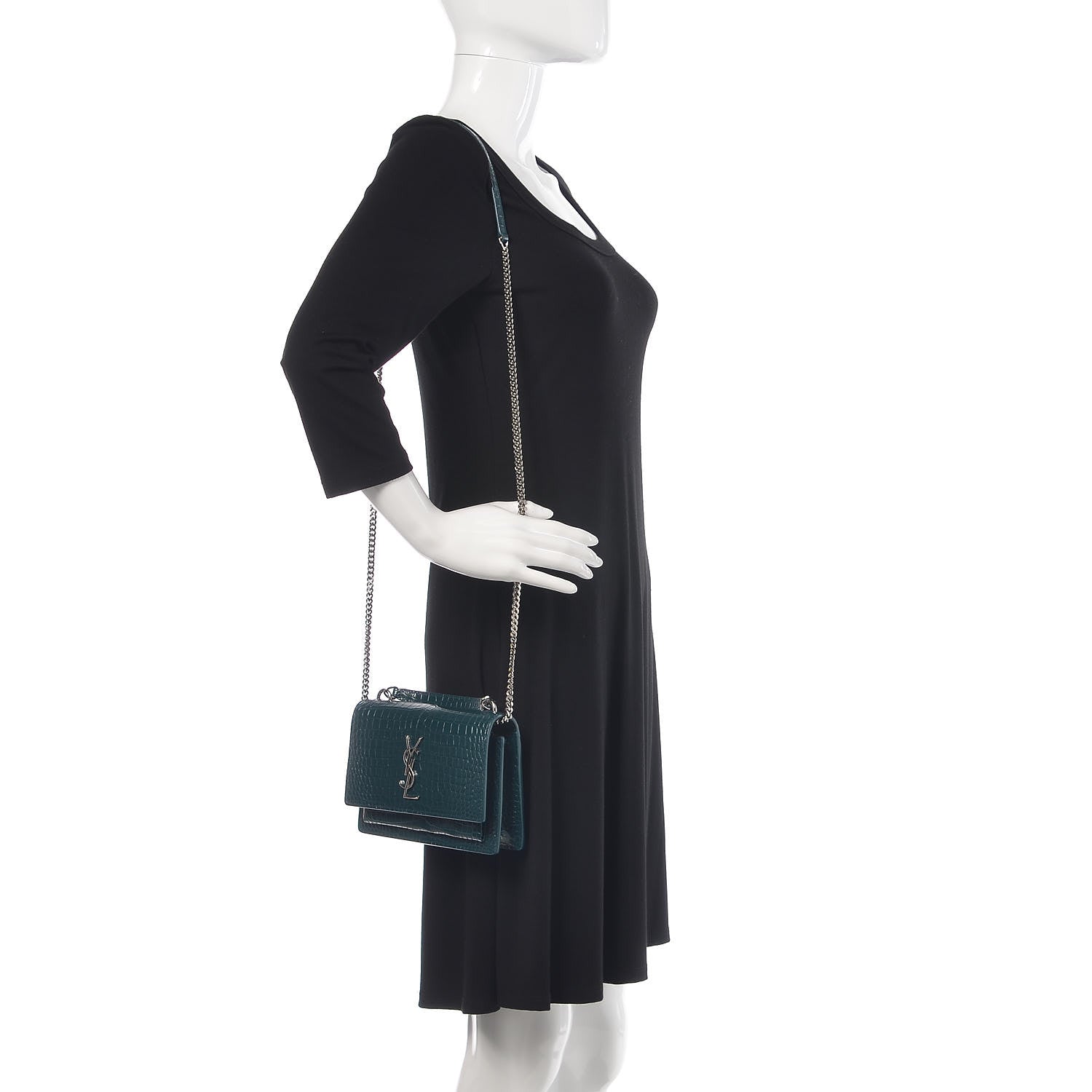 Saint Laurent Calfskin Crocodile Embossed Monogram Sunset Chain Wallet Dark Turquoise 2 of 9