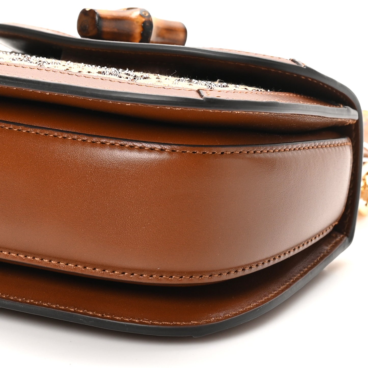 New Canvas Charisma Calfskin Crystal GG Monogram Small Bamboo 1947 Top Handle Bag Camel Ebony