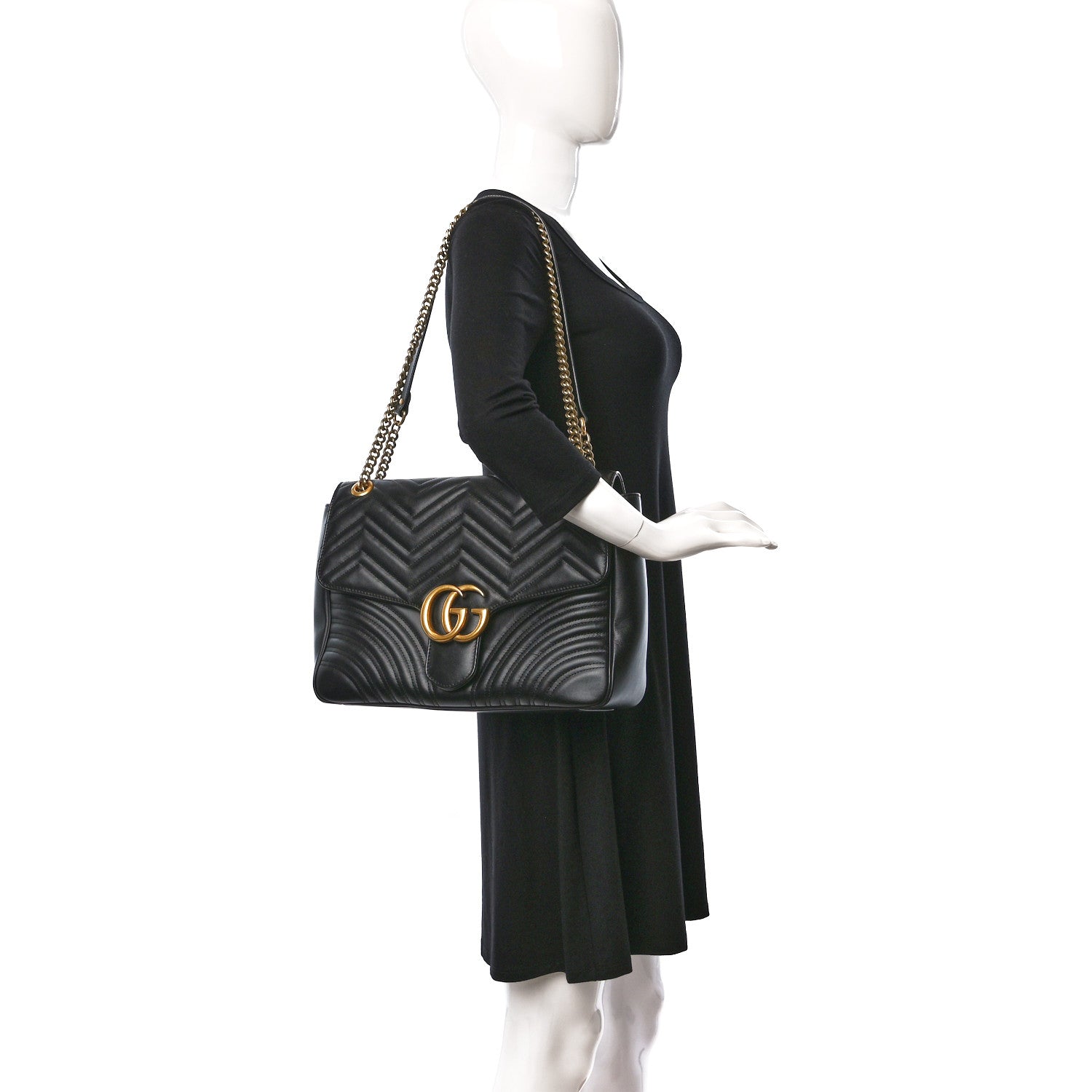 Gucci Calfskin Matelasse Large GG Marmont Shoulder Bag Black 2 of 9