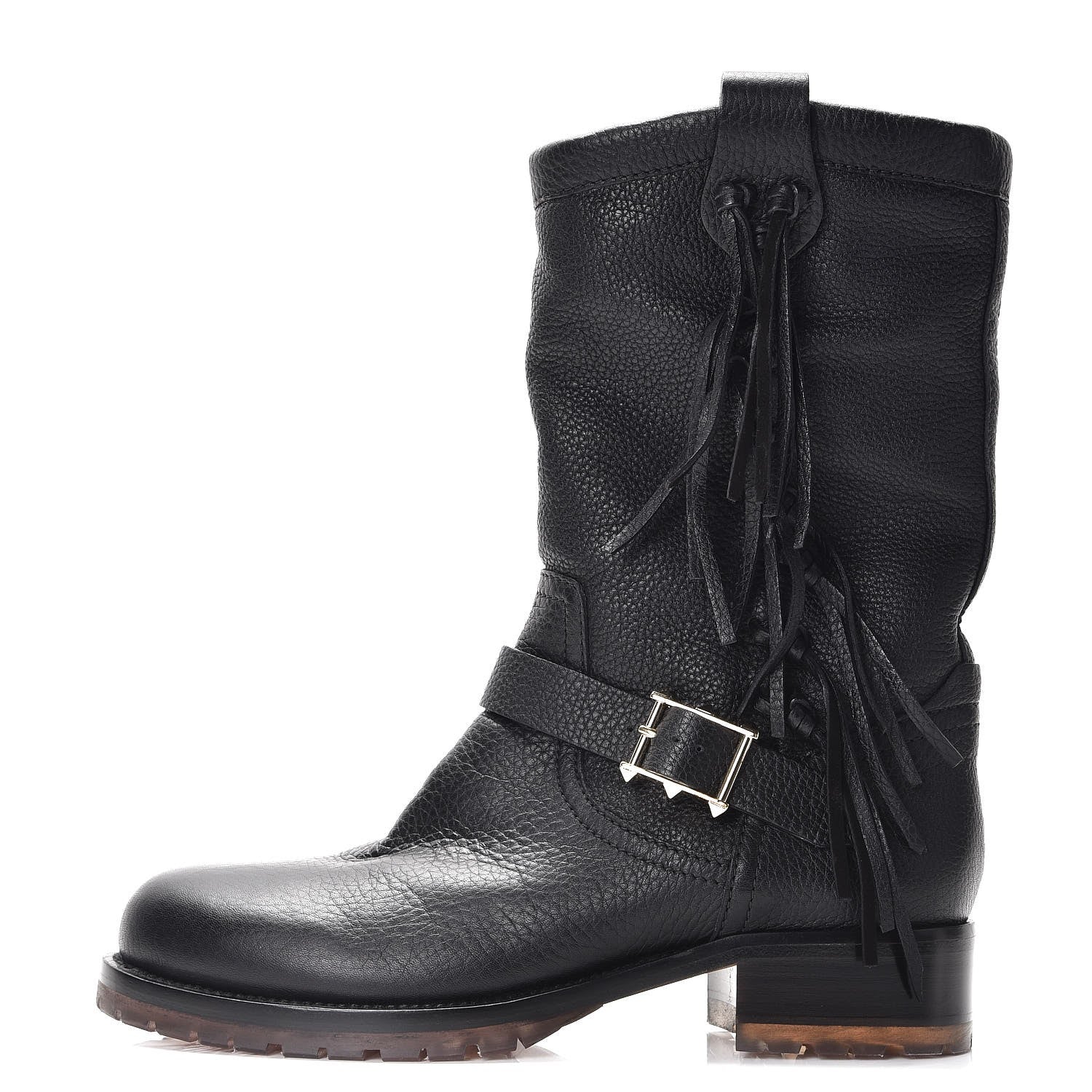 Valentino Garavani Calfskin Shearling Lined Fringe Boots 38 Black 1 of 7