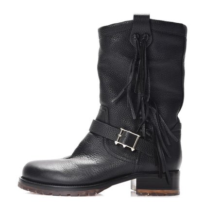 Valentino Garavani Calfskin Shearling Lined Fringe Boots 38 Black 1 of 7
