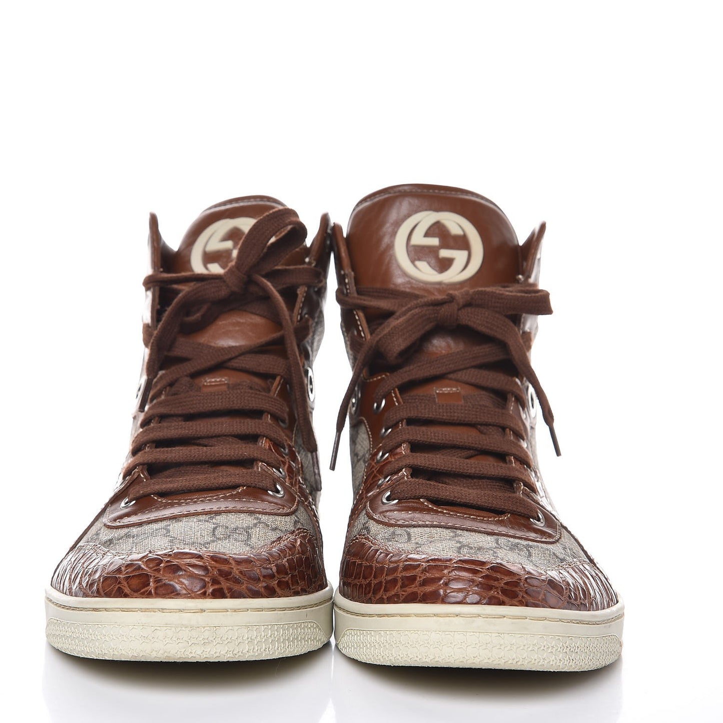 GG Plus Monogram Calfskin Crocodile Embossed Mens Coda High Top Sneakers 11.5 Brown