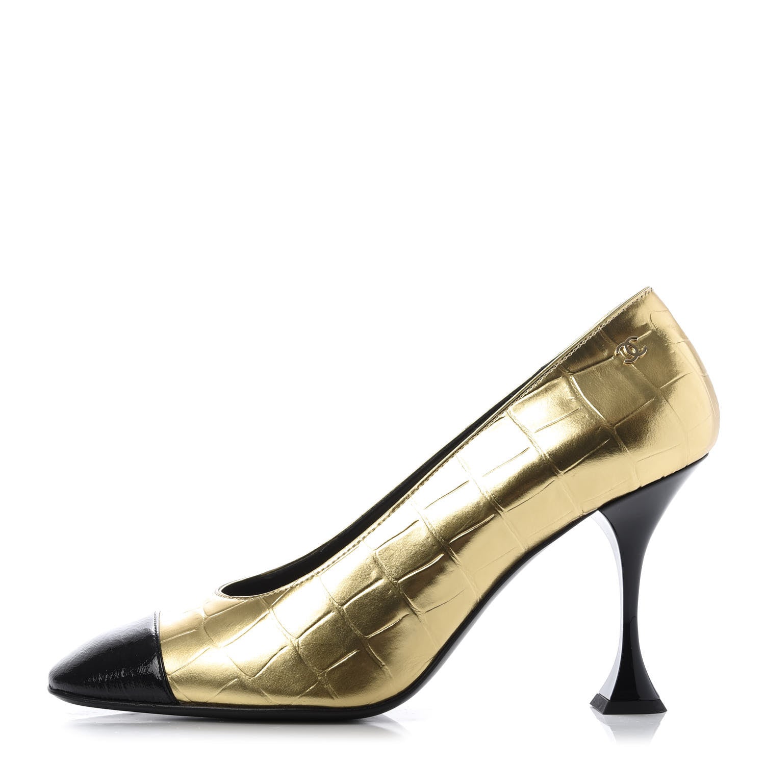 Chanel Metallic Crocodile Embossed Crumpled Patent Cap Toe Pumps 38.5 Gold Black 1 of 10