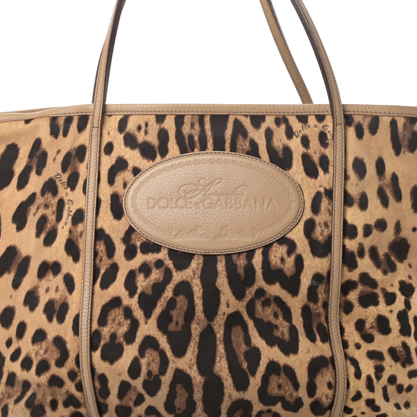 Canvas Leopard Print Calfskin Animalier Tote Beige
