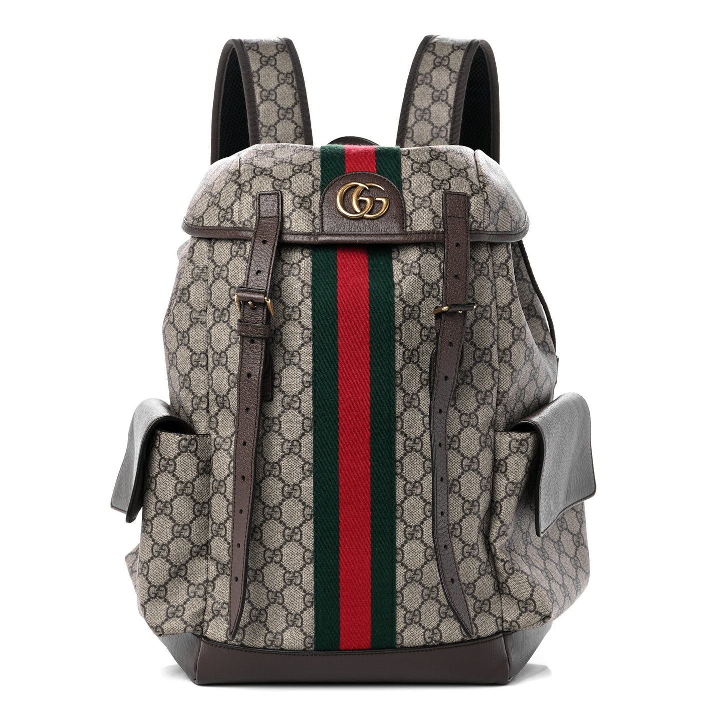 GG Supreme Monogram Medium Ophidia Double Buckle Backpack Brown