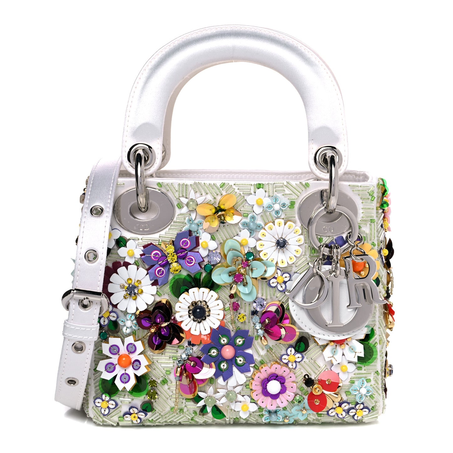 Satin Beaded Floral Embroidered Mini Lady Dior White Multicolor