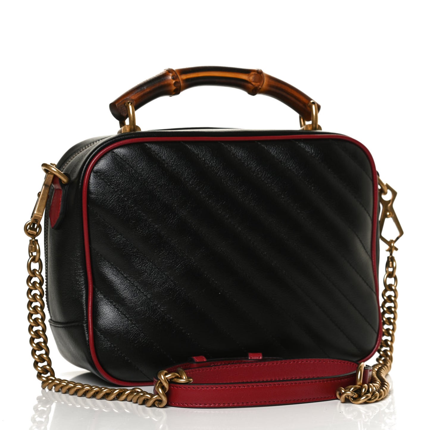 Vintage Effect Calfskin Matelasse Diagonal Small Torchon GG Marmont Bamboo Top Handle Shoulder Bag Black Romantic Cherry