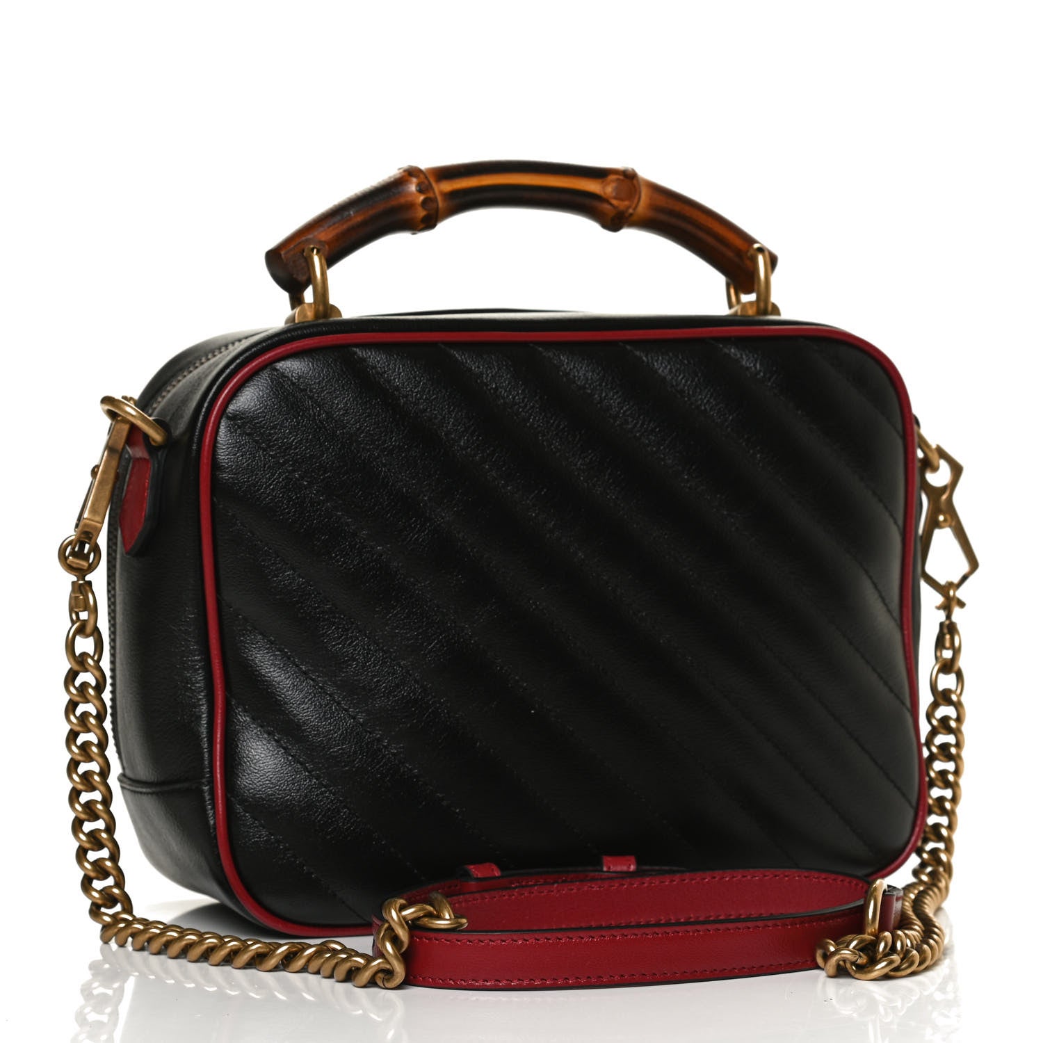 Gucci Vintage Effect Calfskin Matelasse Diagonal Small Torchon GG Marmont Bamboo Top Handle Shoulder Bag Black Romantic Cherry 3 of 11