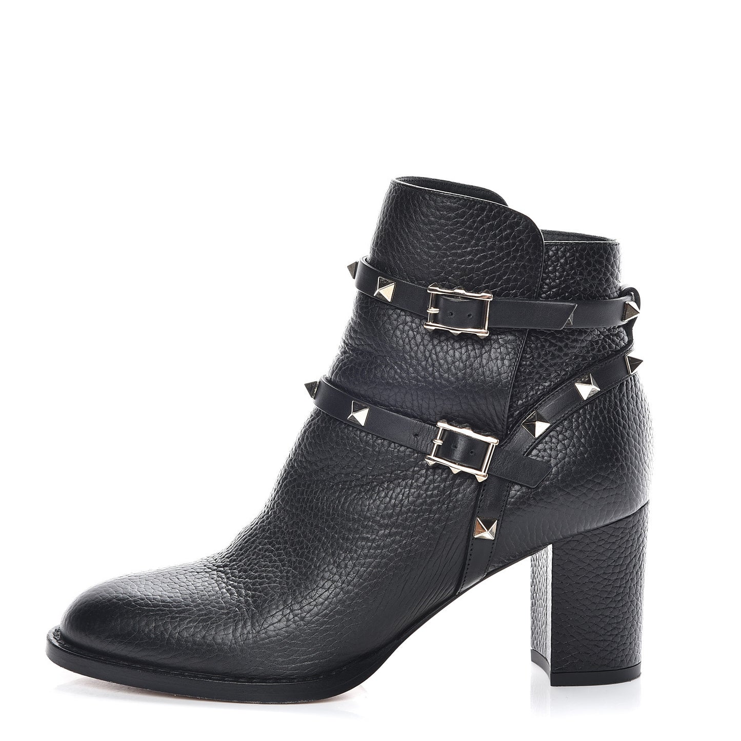 Pebbled Calfskin Rockstud Double Buckle 70mm Block Heel Ankle Boots 36.5 Black
