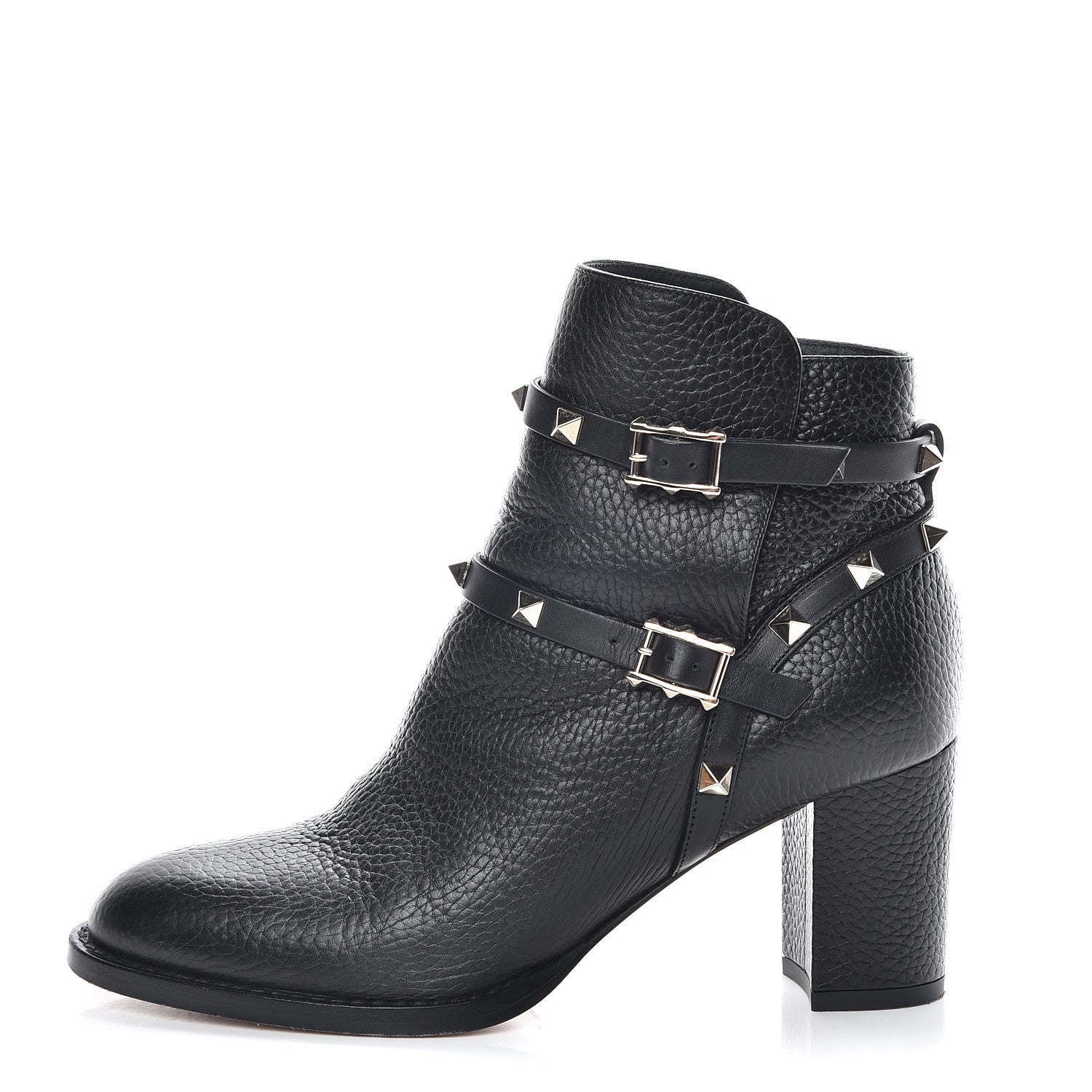 Valentino Garavani Pebbled Calfskin Rockstud Double Buckle 70mm Block Heel Ankle Boots 36.5 Black 1 of 13