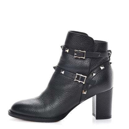 Valentino Garavani Pebbled Calfskin Rockstud Double Buckle 70mm Block Heel Ankle Boots 36.5 Black 1 of 13