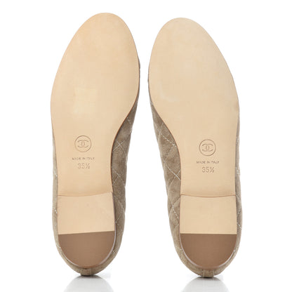 Chanel Suede Calfskin Quilted Cap Toe CC Ballerina Flats 35.5 Beige 5 of 9