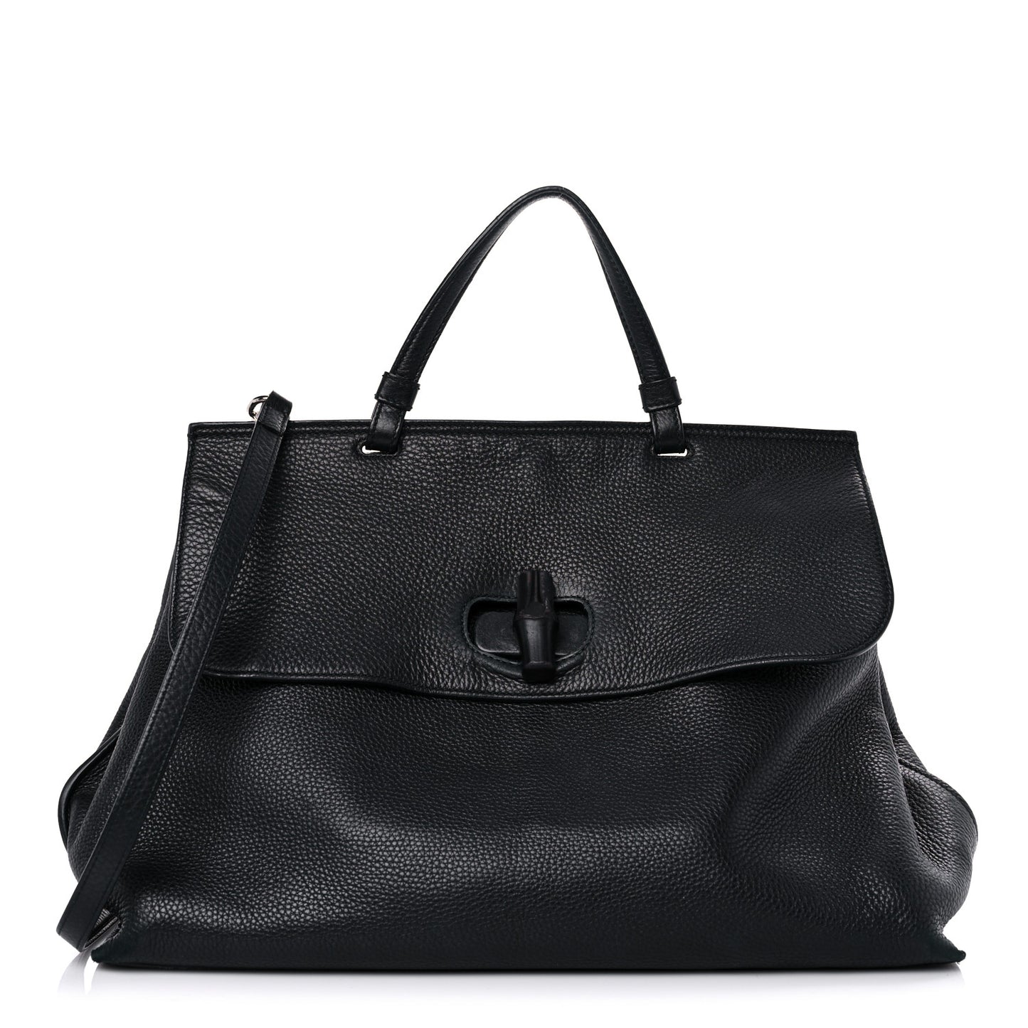 Pebbled Calfskin Large Bamboo Daily Top Handle Bag Black