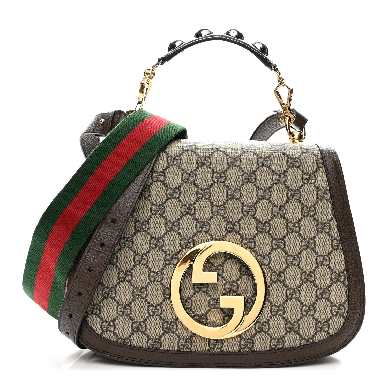 Gucci GG Supreme Monogram Textured Dollar Calfskin Web Medium Blondie Top Handle Shoulder Flap Bag Beige Ebony New Acero 1 of 14
