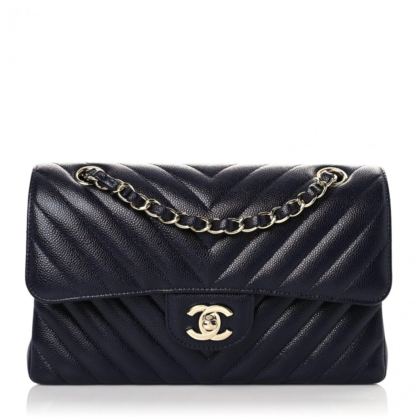 Caviar Chevron Quilted Small Double Flap Navy Blue
