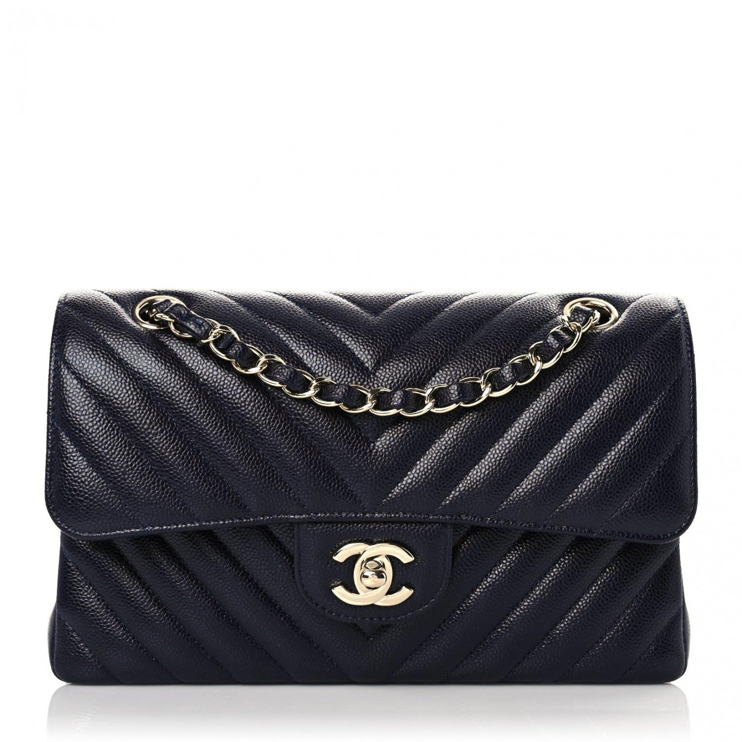 Chanel Caviar Chevron Quilted Small Double Flap Navy Blue 1 of 10