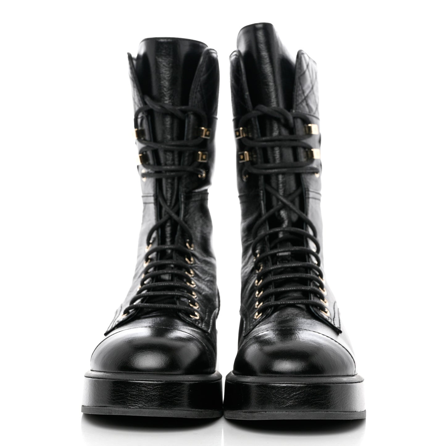 Shiny Calfskin Quilted CC Lace Up Combat Boots 38.5 Black