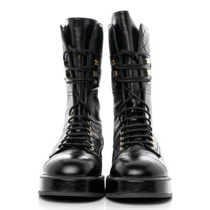 Chanel Shiny Calfskin Quilted CC Lace Up Combat Boots 38.5 Black 2 of 9