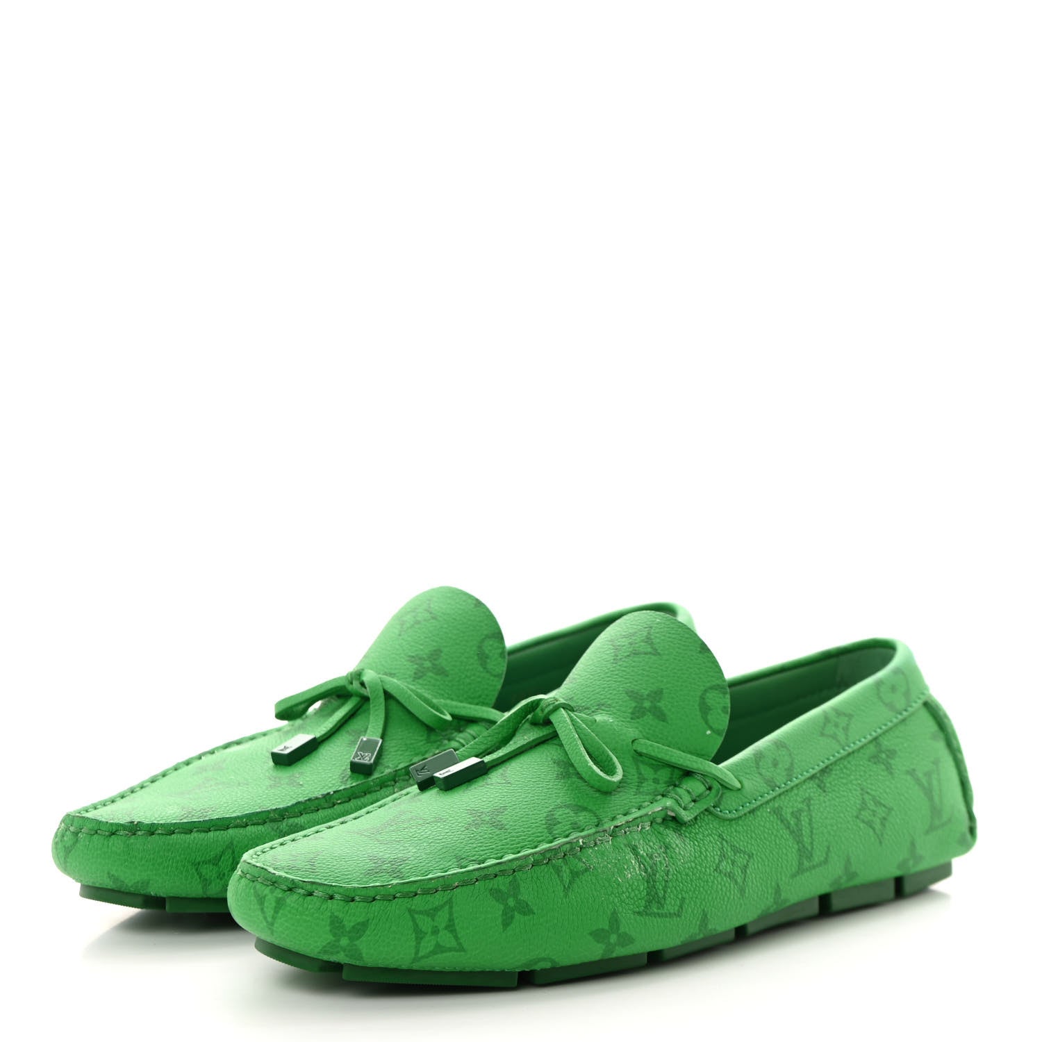 Louis Vuitton Grained Calfskin Monogram Mens Driver Moccasin Loafers 10 Green 3 of 13