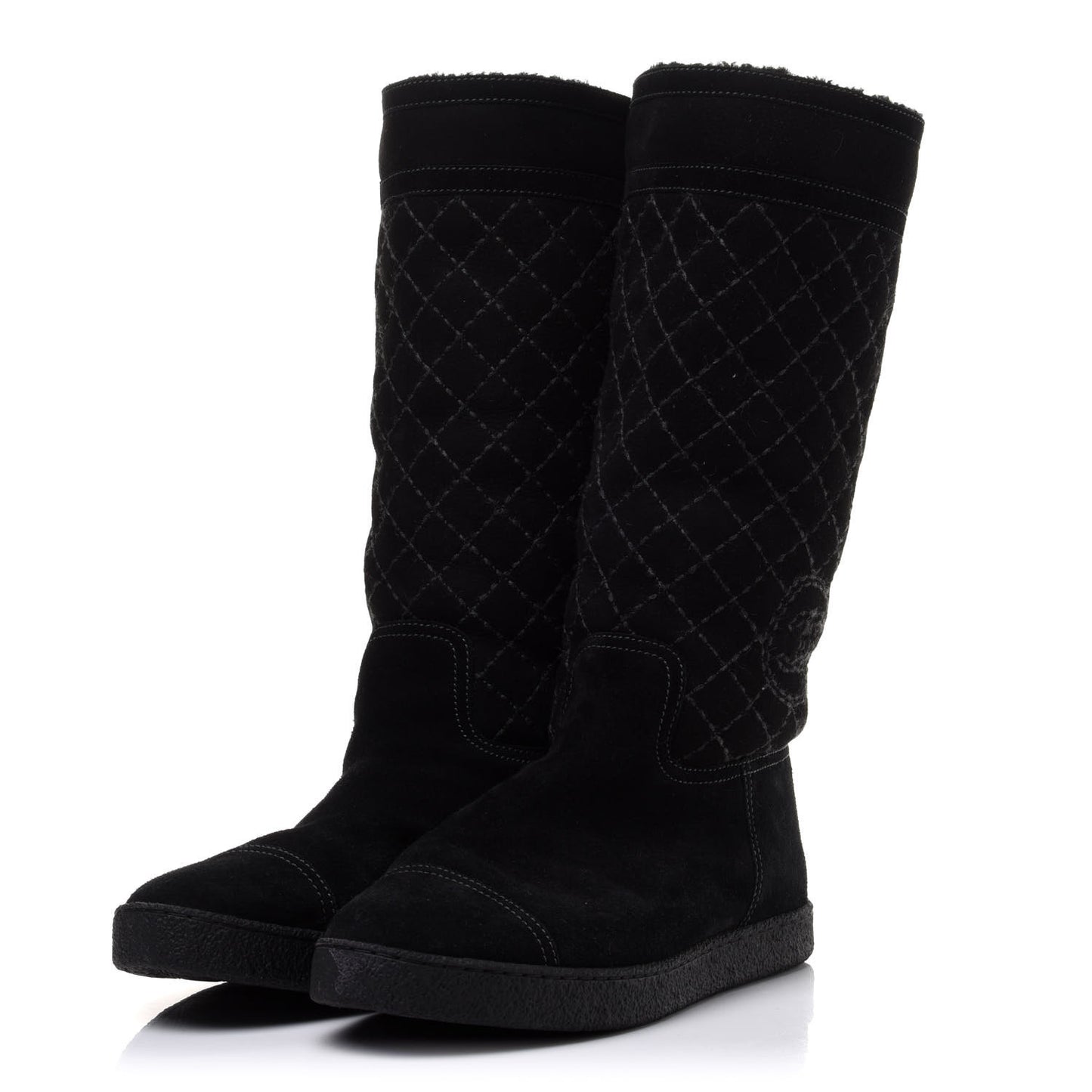 Suede Quilted Shearling High Boots 40 Black