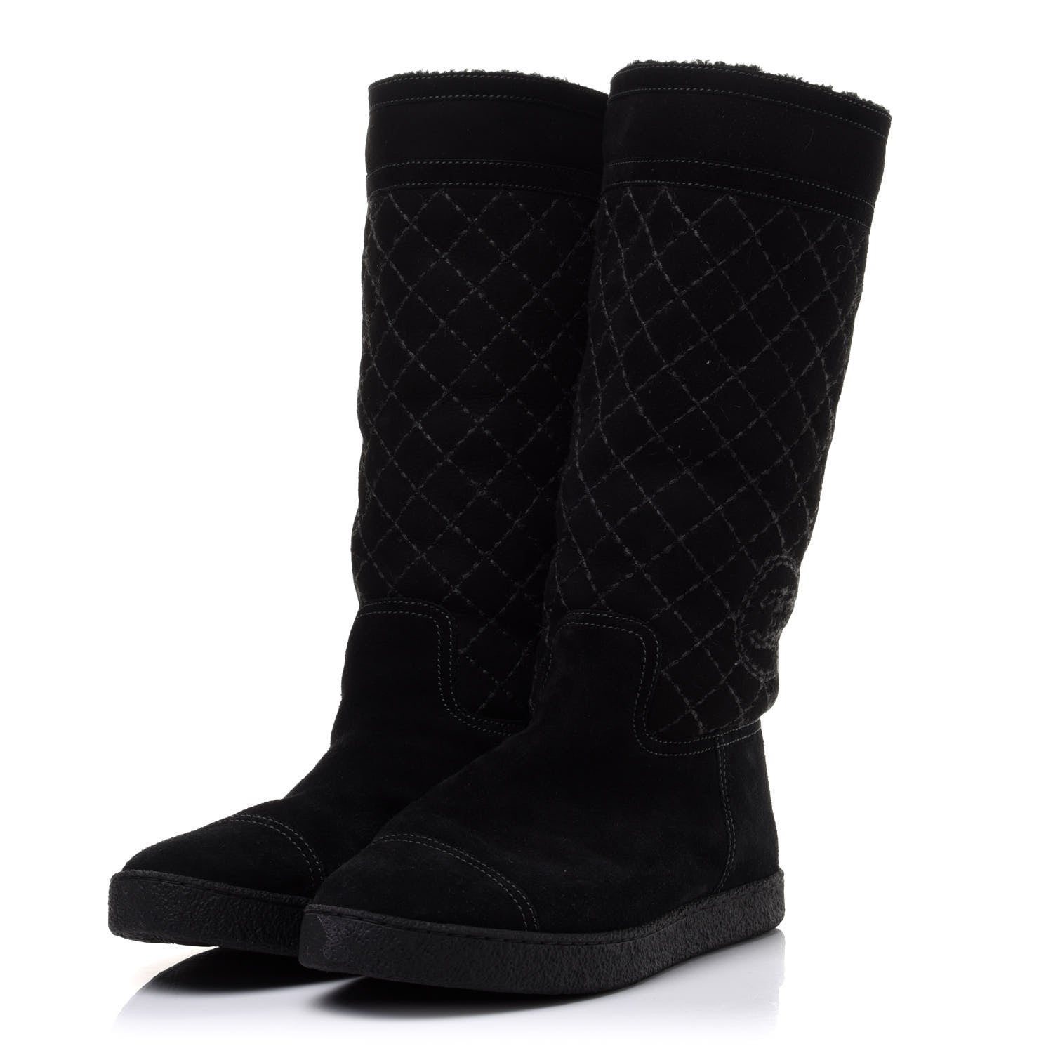 Chanel Suede Quilted Shearling High Boots 40 Black 3 of 12