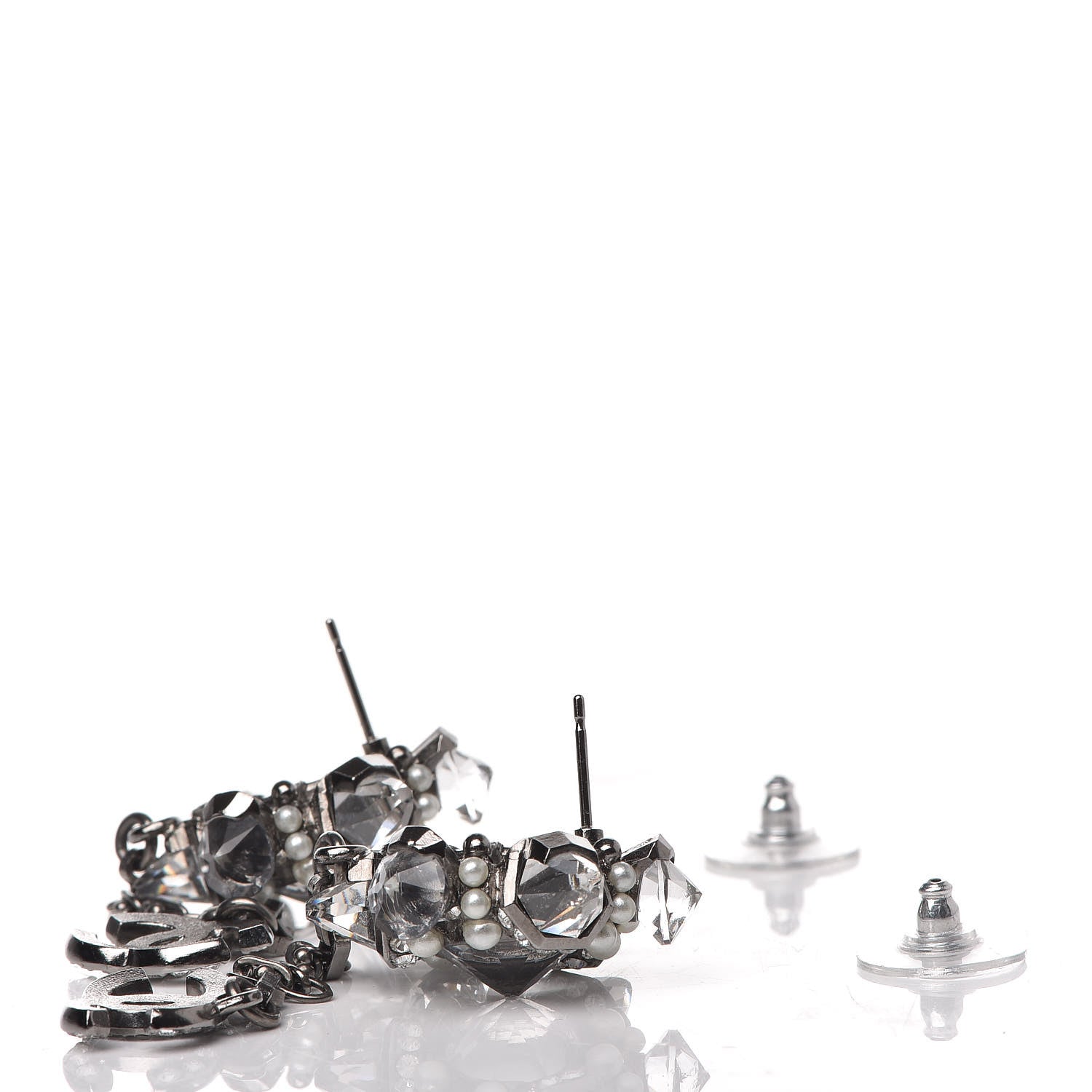 Chanel Crystal Pearl CC Drop Earrings Silver 3 of 7
