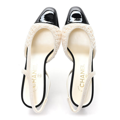 Chanel Pearl Patent Cap Toe CC Slingback Pumps 37 Ivory Black 2 of 10
